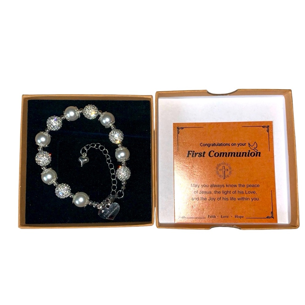 First Communion White Bead Charm Bracelet Handmade Jewelry